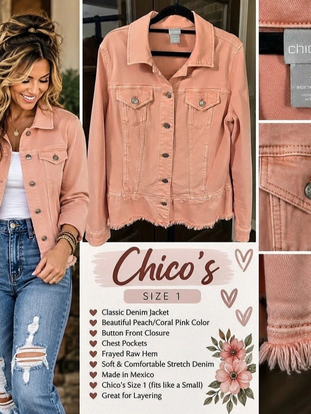 Chico's Women's Pink Denim Jacket Size 1